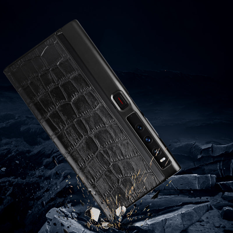 For Huawei Mate Xs 2 Crocodile Texture Phone Case Genuine Cowhide Leather Coated TPU Folding Screen Protective Back Shell