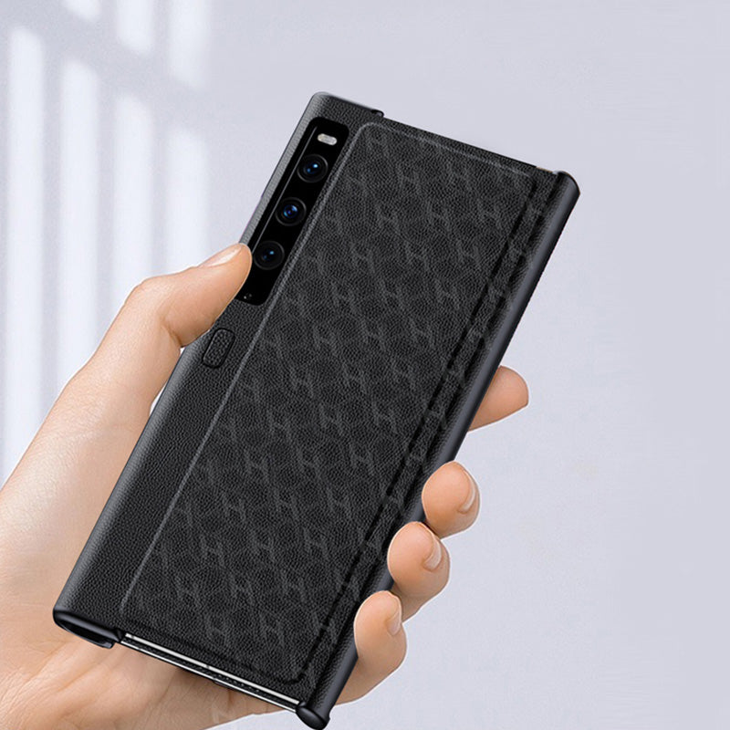 For Huawei Mate Xs 2 PU Leather Coated Hard PC Phone Case H Textured Scratch Resistant Kickstand Cover