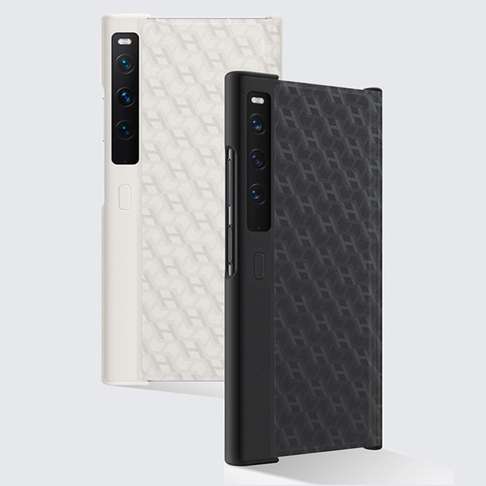 For Huawei Mate Xs 2 PU Leather Coated Hard PC Phone Case H Textured Scratch Resistant Kickstand Cover