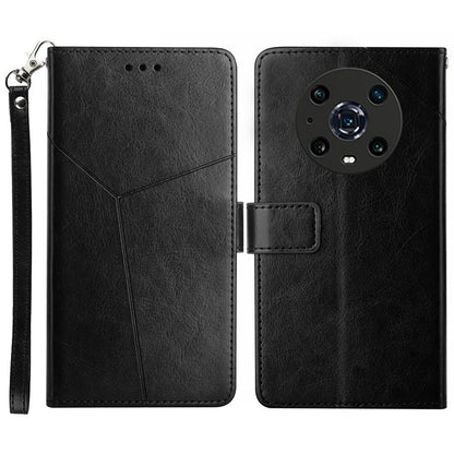 For Honor Magic4 Pro 5G Imprinted Y-Shaped Lines Drop-proof PU Leather Flip Shell Wallet Stand Magnetic Closure Shockproof Folio Case with Strap