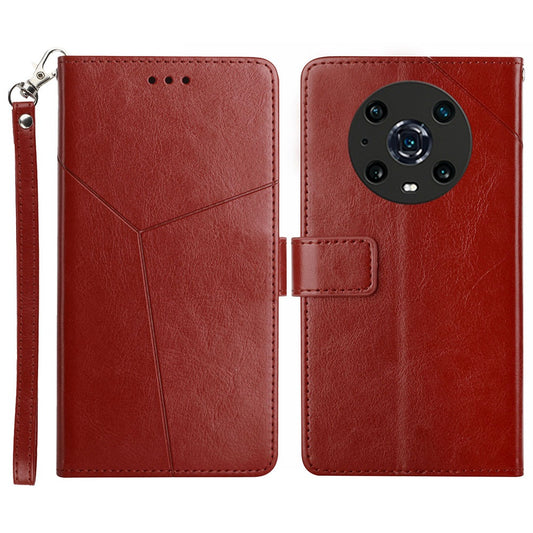 For Honor Magic4 Pro 5G Imprinted Y-Shaped Lines Drop-proof PU Leather Flip Shell Wallet Stand Magnetic Closure Shockproof Folio Case with Strap