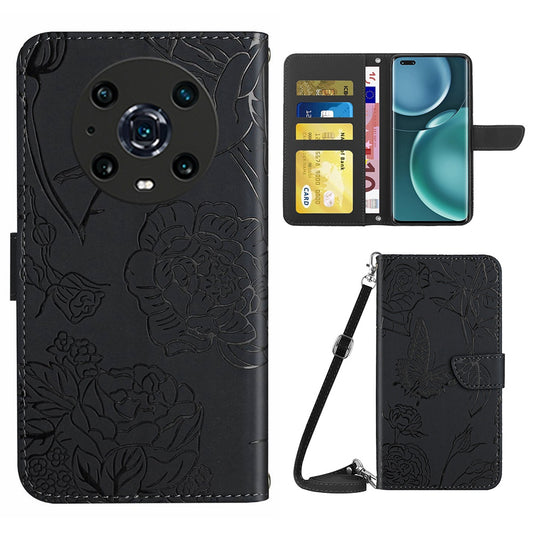 For Honor Magic4 Pro 5G Anti-fall Shockproof Flip Leather Case Butterfly Flowers Pattern Imprinted Wallet Scratch-proof Phone Cover Stand with Shoulder Strap