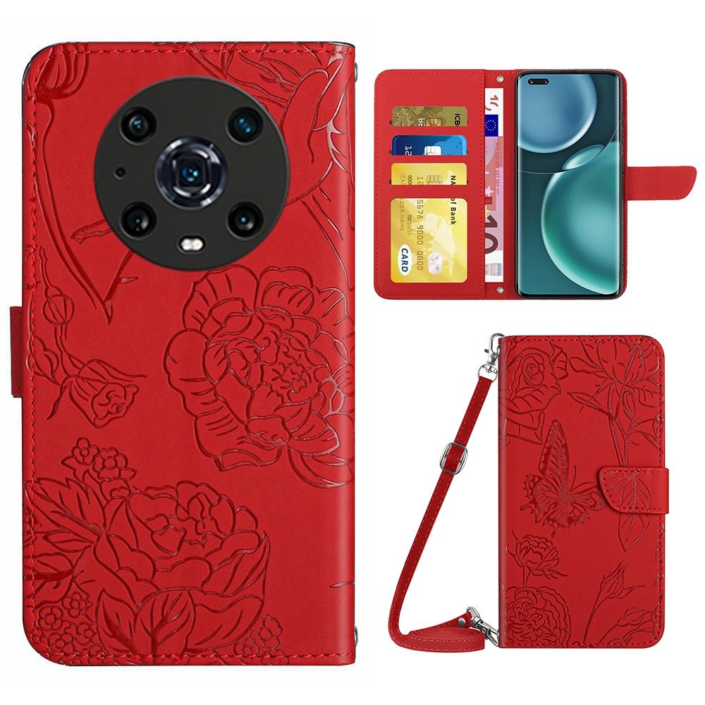 For Honor Magic4 Pro 5G Anti-fall Shockproof Flip Leather Case Butterfly Flowers Pattern Imprinted Wallet Scratch-proof Phone Cover Stand with Shoulder Strap
