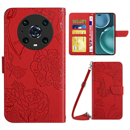 For Honor Magic4 Pro 5G Anti-fall Shockproof Flip Leather Case Butterfly Flowers Pattern Imprinted Wallet Scratch-proof Phone Cover Stand with Shoulder Strap