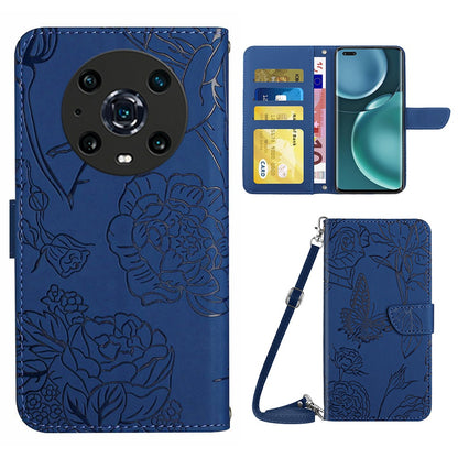 For Honor Magic4 Pro 5G Anti-fall Shockproof Flip Leather Case Butterfly Flowers Pattern Imprinted Wallet Scratch-proof Phone Cover Stand with Shoulder Strap