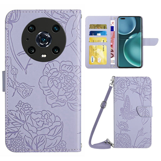 For Honor Magic4 Pro 5G Anti-fall Shockproof Flip Leather Case Butterfly Flowers Pattern Imprinted Wallet Scratch-proof Phone Cover Stand with Shoulder Strap