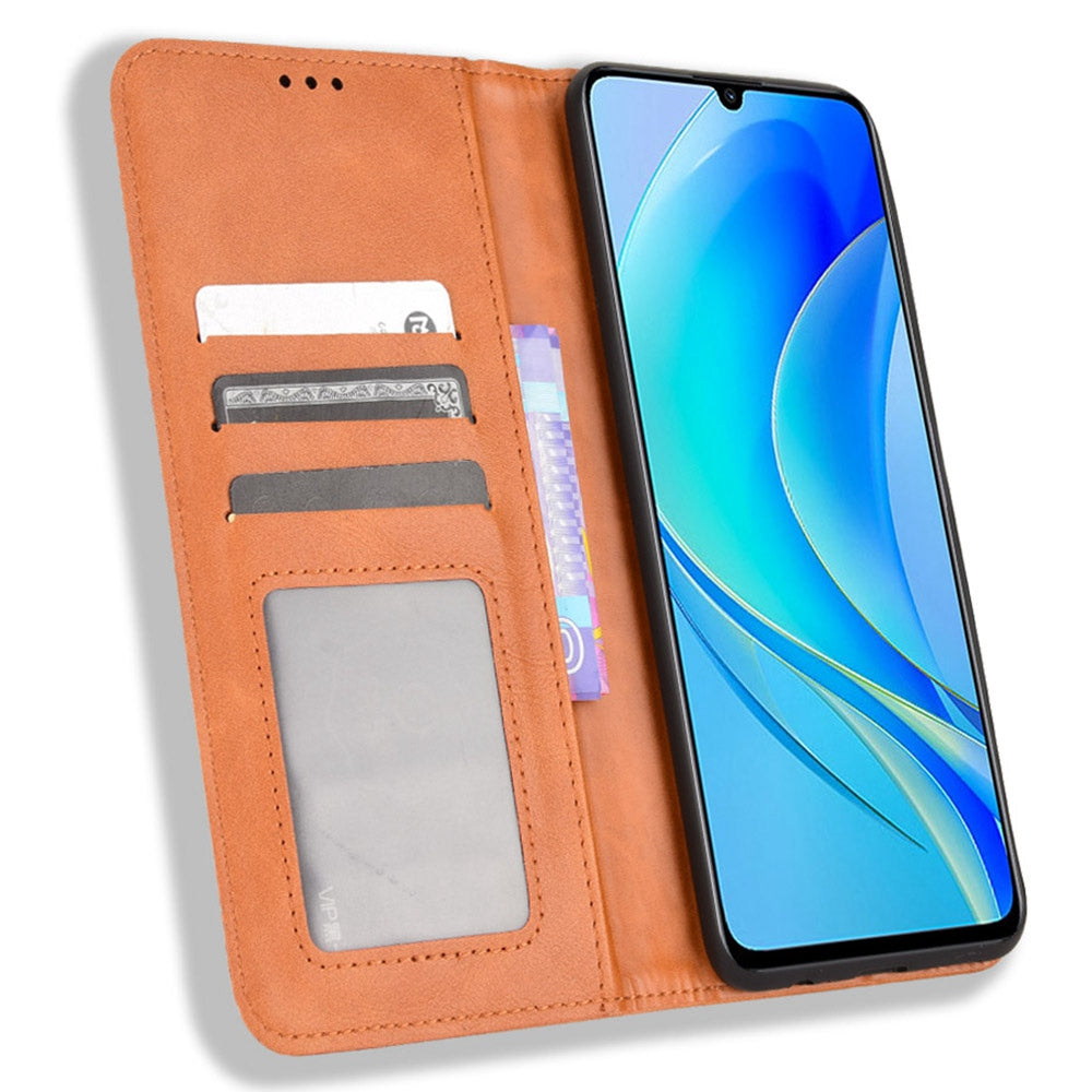 For Huawei nova Y70 4G/nova Y70 Plus 4G PU Leather Retro Texture Anti-wear Cell Phone Case Stand Wallet Shockproof Cover