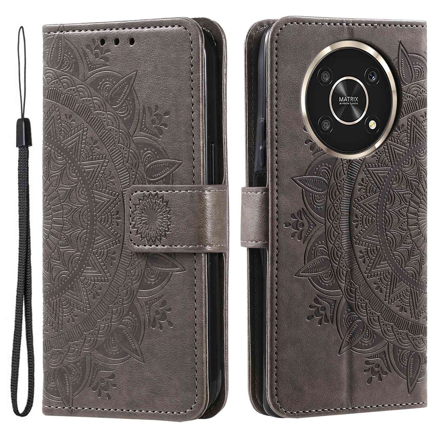 For Honor X30/X9 4G/5G Imprinted Mandala Flower Pattern Wrist Strap Wallet Case PU Leather Stand Feature Flip Cover