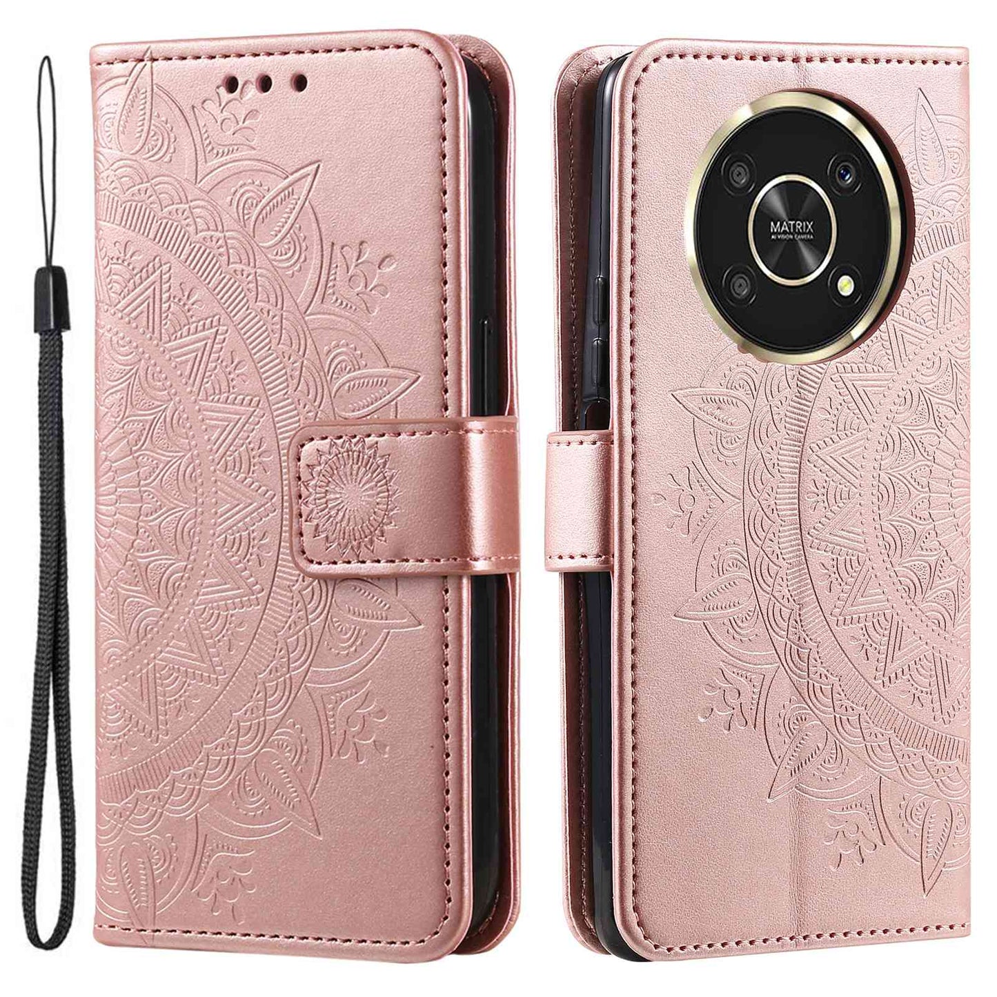 For Honor X30/X9 4G/5G Imprinted Mandala Flower Pattern Wrist Strap Wallet Case PU Leather Stand Feature Flip Cover