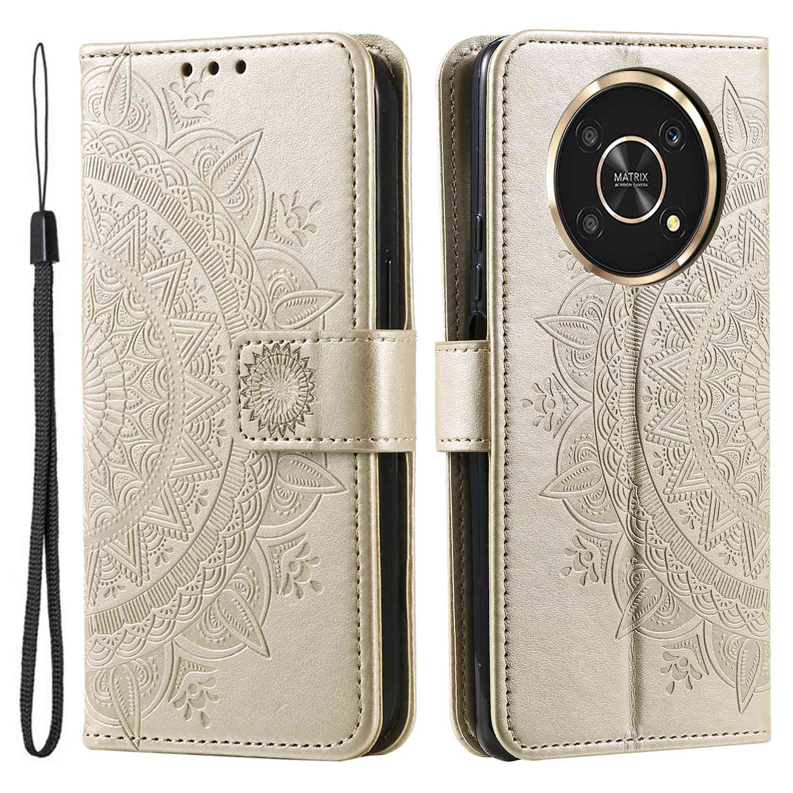 For Honor X30/X9 4G/5G Imprinted Mandala Flower Pattern Wrist Strap Wallet Case PU Leather Stand Feature Flip Cover