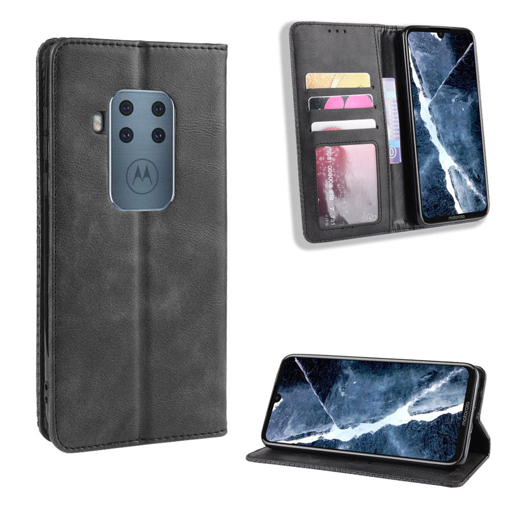 Auto-absorbed Retro Style Wallet Stand Flip Leather Case for Motorola One Zoom