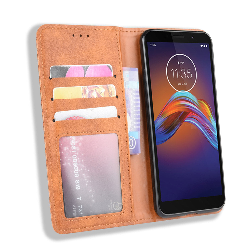 Retro Style Skin PU Leather Wallet Cover for Motorola Moto E6 Play