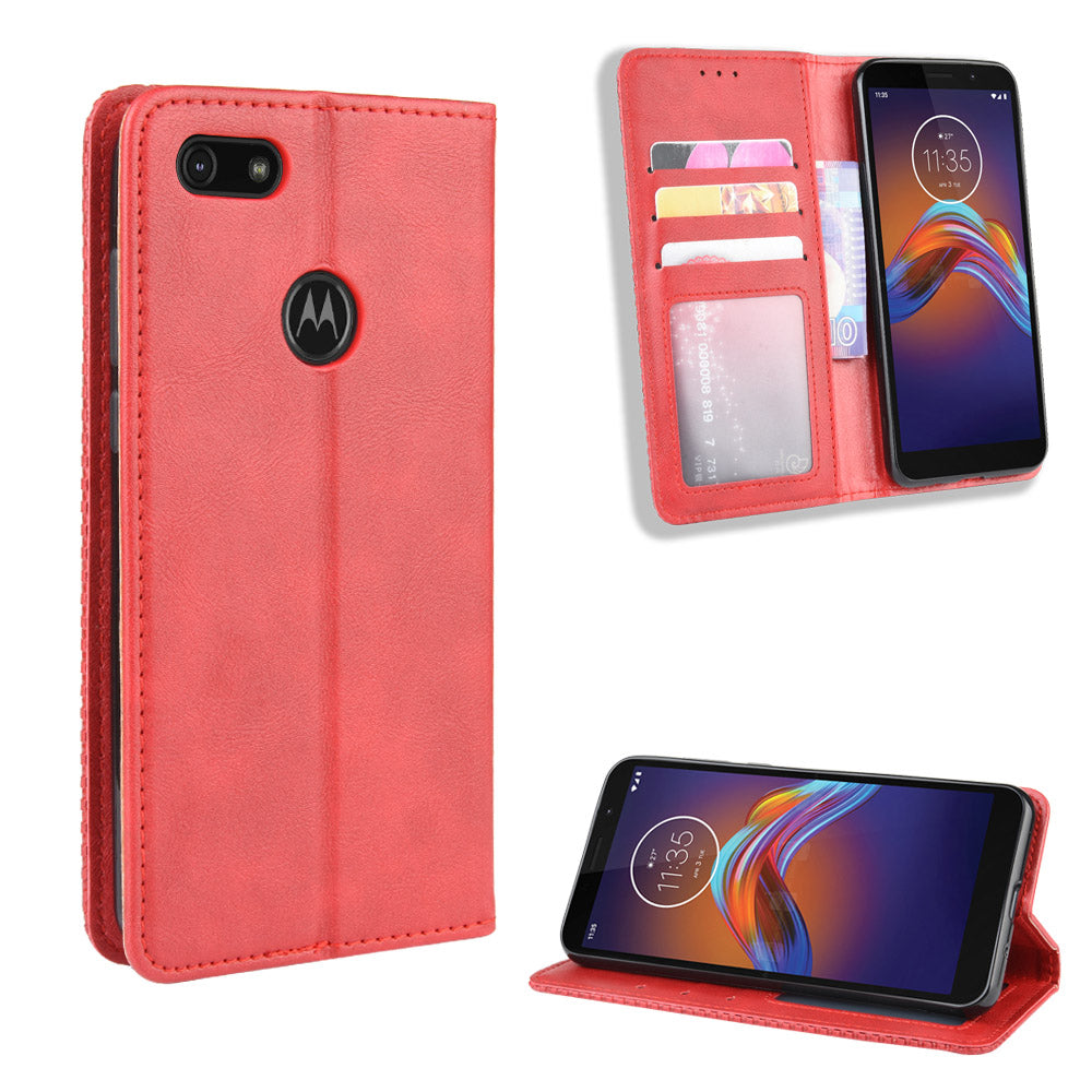 Retro Style Skin PU Leather Wallet Cover for Motorola Moto E6 Play