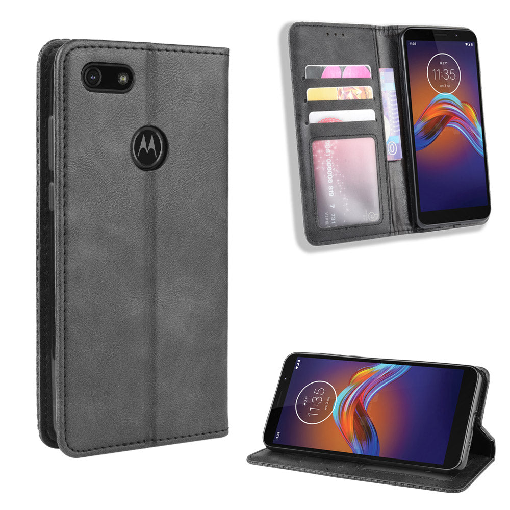 Retro Style Skin PU Leather Wallet Cover for Motorola Moto E6 Play