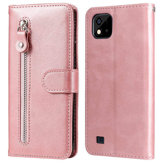 Full Protection Zippered Pocket Design Textured Leather Phone Case with Stand and Wallet for Realme C20/C11 (2021)