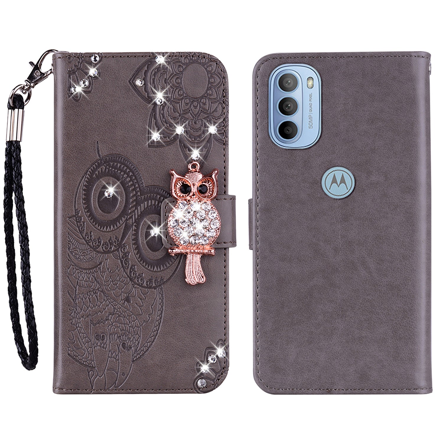 Rhinestone Decor PU Leather Shell Wallet Stand Owl Flower Imprinting Phone Case Cover with Strap for Motorola Moto G31 4G/G41 4G