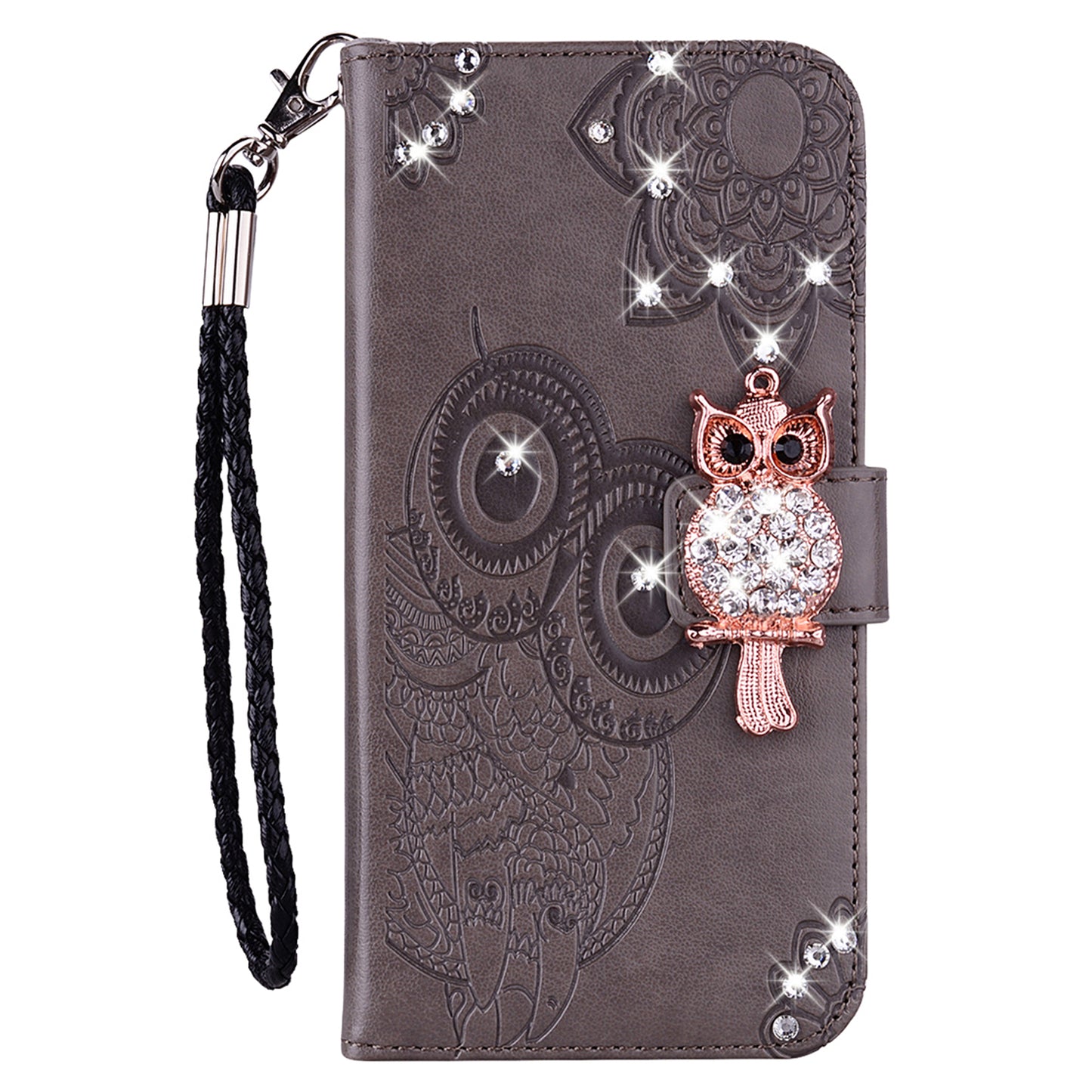 Rhinestone Decor PU Leather Shell Wallet Stand Owl Flower Imprinting Phone Case Cover with Strap for Motorola Moto G31 4G/G41 4G