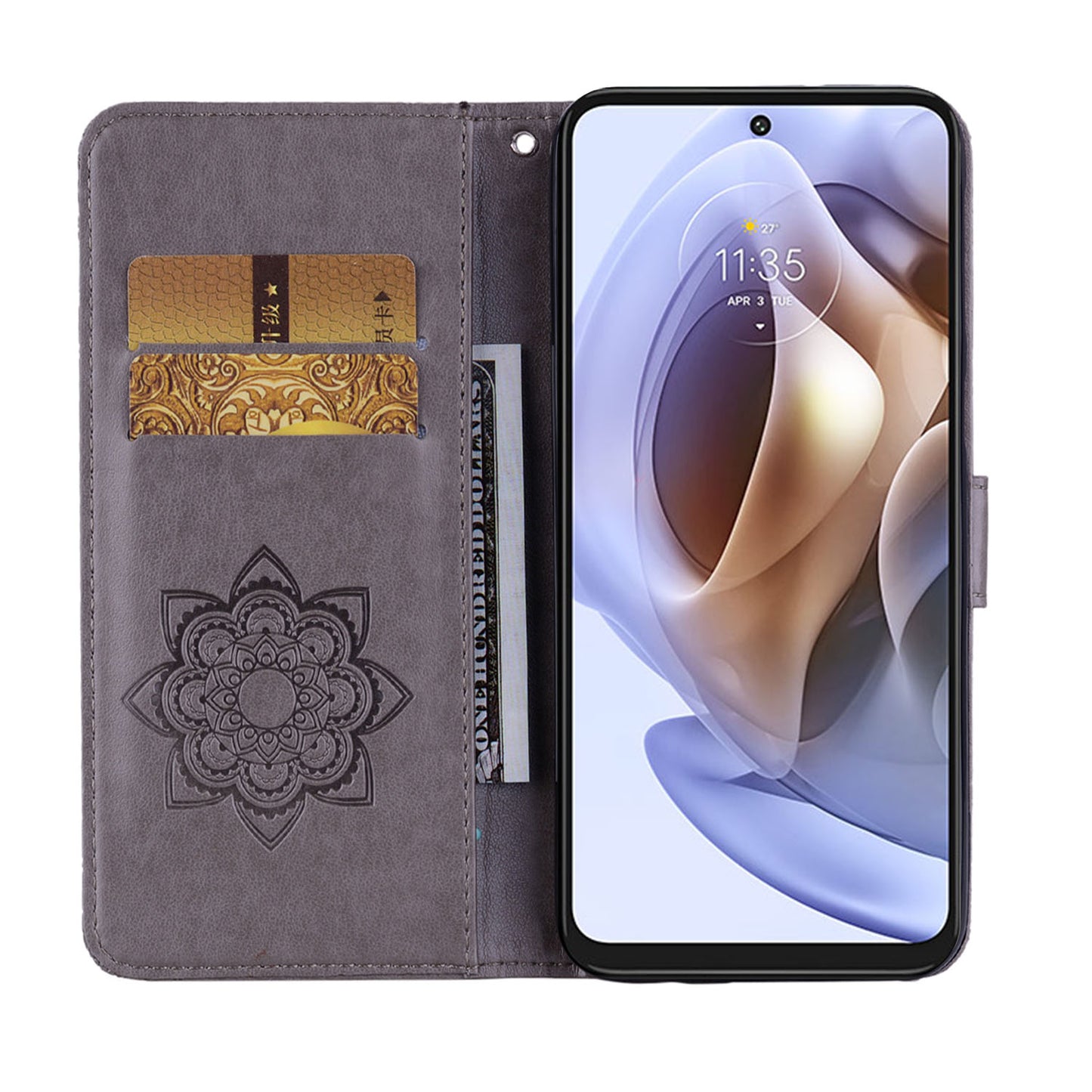 Rhinestone Decor PU Leather Shell Wallet Stand Owl Flower Imprinting Phone Case Cover with Strap for Motorola Moto G31 4G/G41 4G