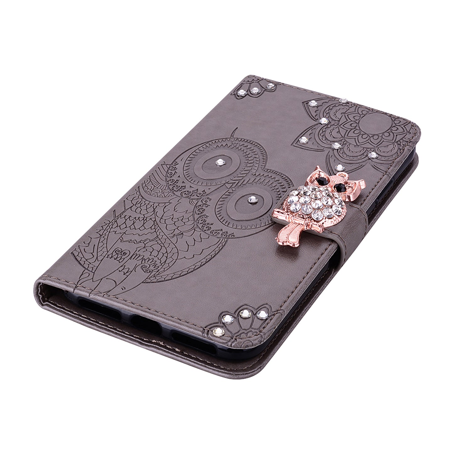 Rhinestone Decor PU Leather Shell Wallet Stand Owl Flower Imprinting Phone Case Cover with Strap for Motorola Moto G31 4G/G41 4G