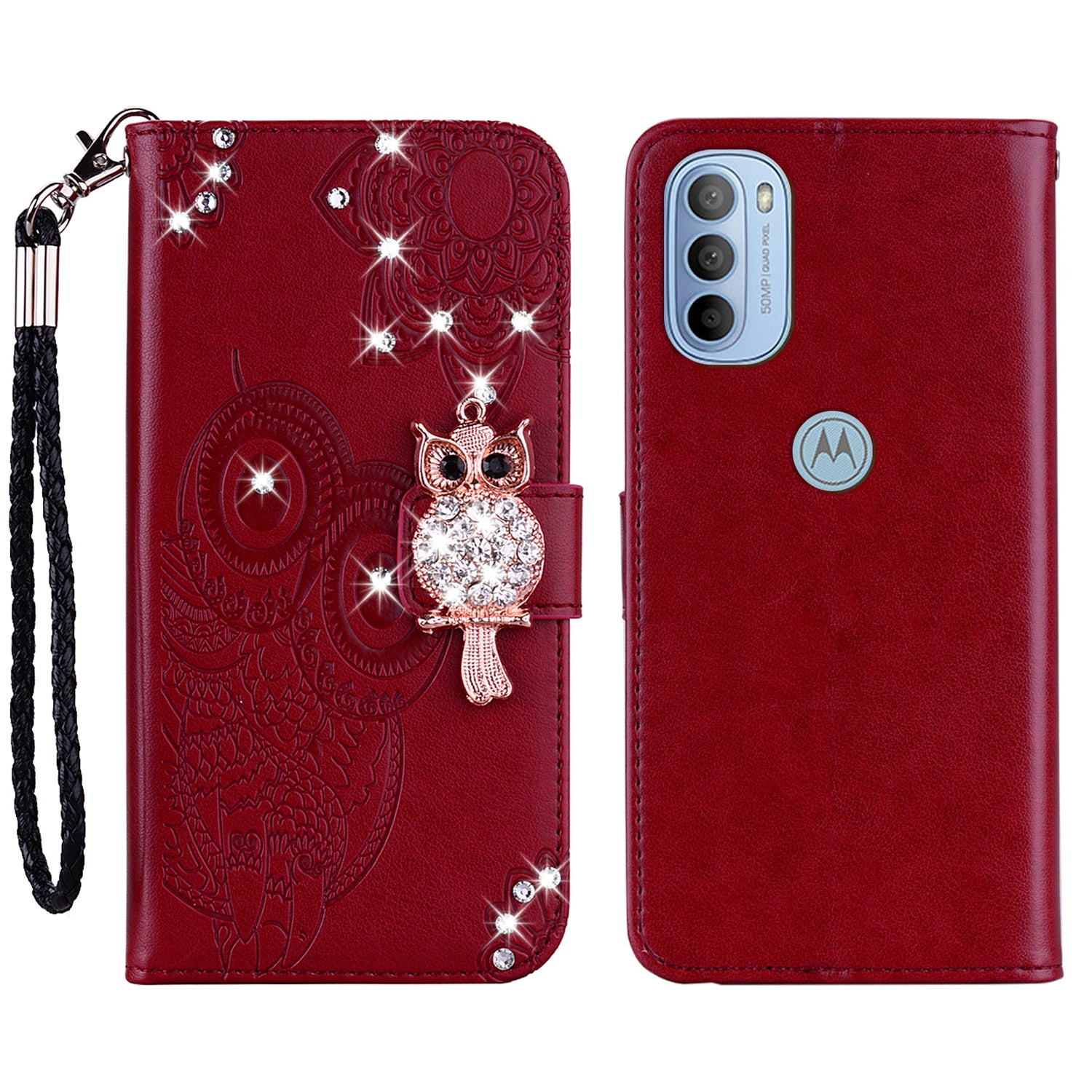 Rhinestone Decor PU Leather Shell Wallet Stand Owl Flower Imprinting Phone Case Cover with Strap for Motorola Moto G31 4G/G41 4G