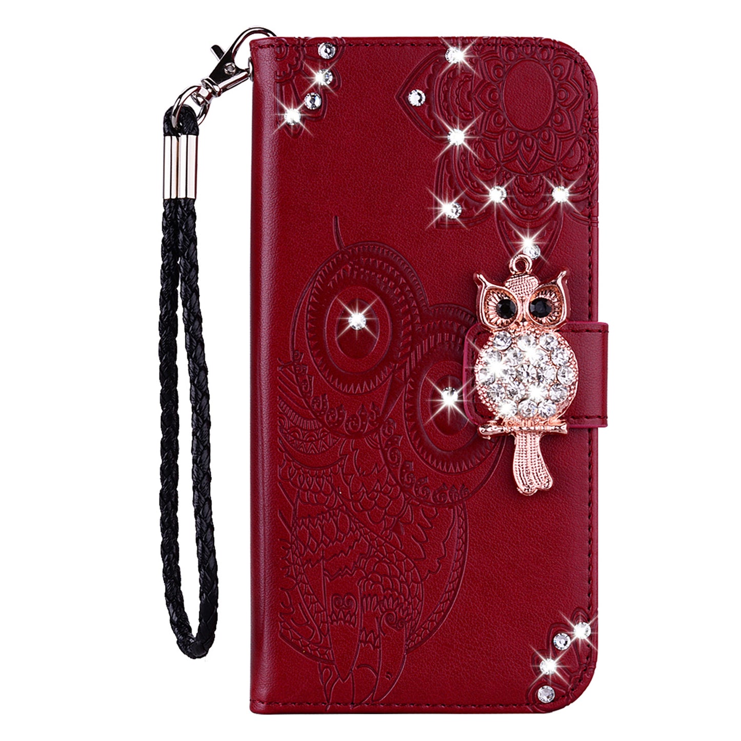 Rhinestone Decor PU Leather Shell Wallet Stand Owl Flower Imprinting Phone Case Cover with Strap for Motorola Moto G31 4G/G41 4G
