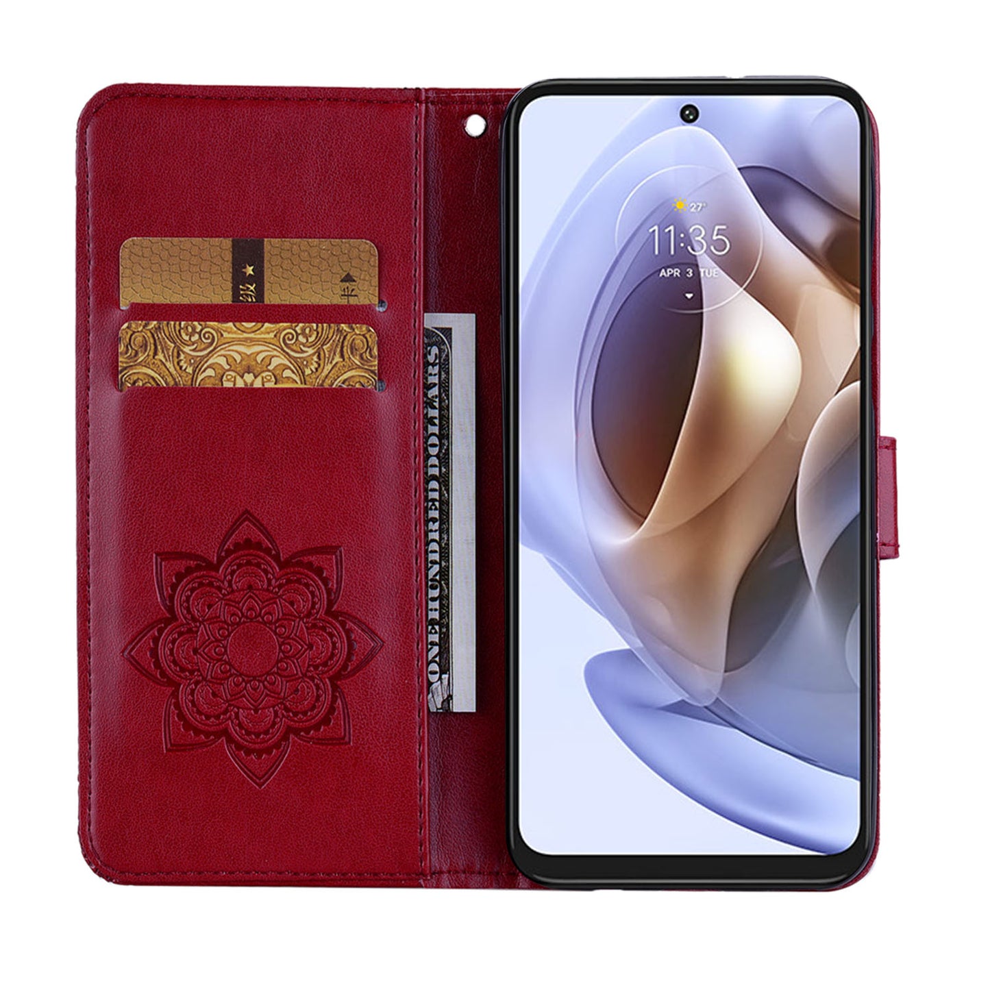 Rhinestone Decor PU Leather Shell Wallet Stand Owl Flower Imprinting Phone Case Cover with Strap for Motorola Moto G31 4G/G41 4G
