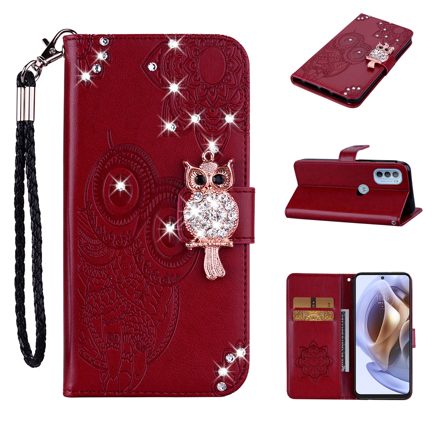 Rhinestone Decor PU Leather Shell Wallet Stand Owl Flower Imprinting Phone Case Cover with Strap for Motorola Moto G31 4G/G41 4G