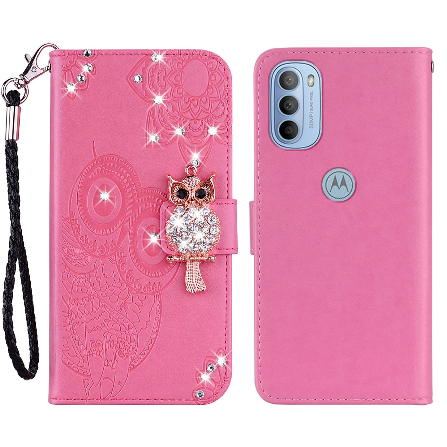 Rhinestone Decor PU Leather Shell Wallet Stand Owl Flower Imprinting Phone Case Cover with Strap for Motorola Moto G31 4G/G41 4G