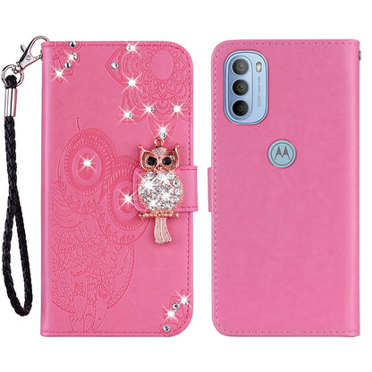 Rhinestone Decor PU Leather Shell Wallet Stand Owl Flower Imprinting Phone Case Cover with Strap for Motorola Moto G31 4G/G41 4G