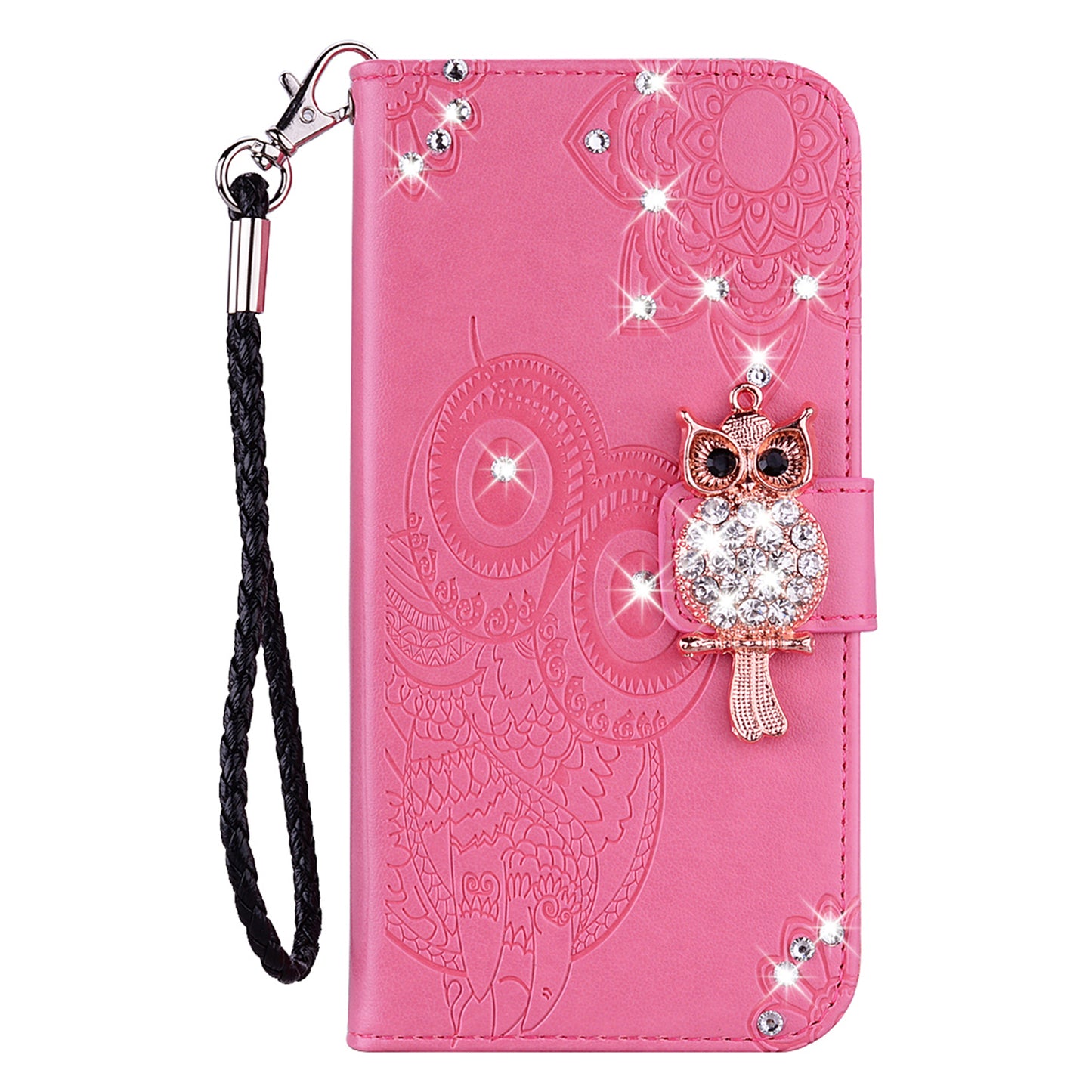 Rhinestone Decor PU Leather Shell Wallet Stand Owl Flower Imprinting Phone Case Cover with Strap for Motorola Moto G31 4G/G41 4G