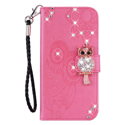 Rhinestone Decor PU Leather Shell Wallet Stand Owl Flower Imprinting Phone Case Cover with Strap for Motorola Moto G31 4G/G41 4G