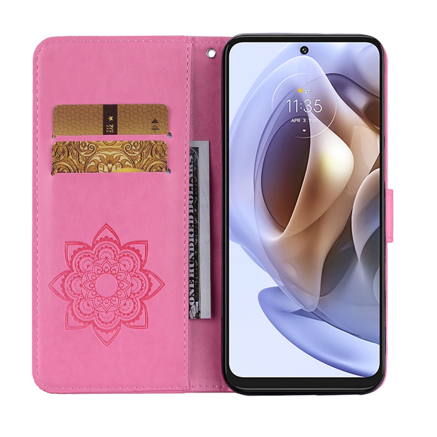 Rhinestone Decor PU Leather Shell Wallet Stand Owl Flower Imprinting Phone Case Cover with Strap for Motorola Moto G31 4G/G41 4G