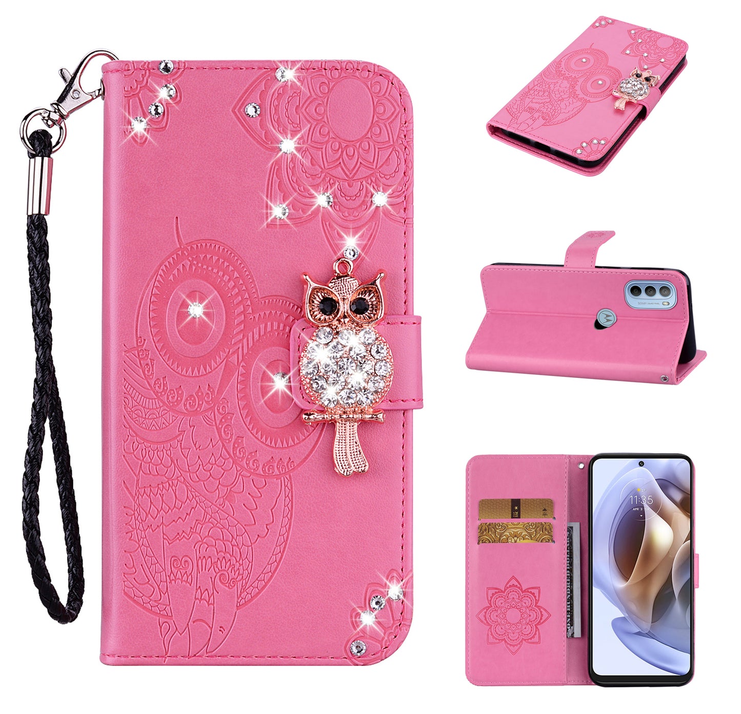 Rhinestone Decor PU Leather Shell Wallet Stand Owl Flower Imprinting Phone Case Cover with Strap for Motorola Moto G31 4G/G41 4G