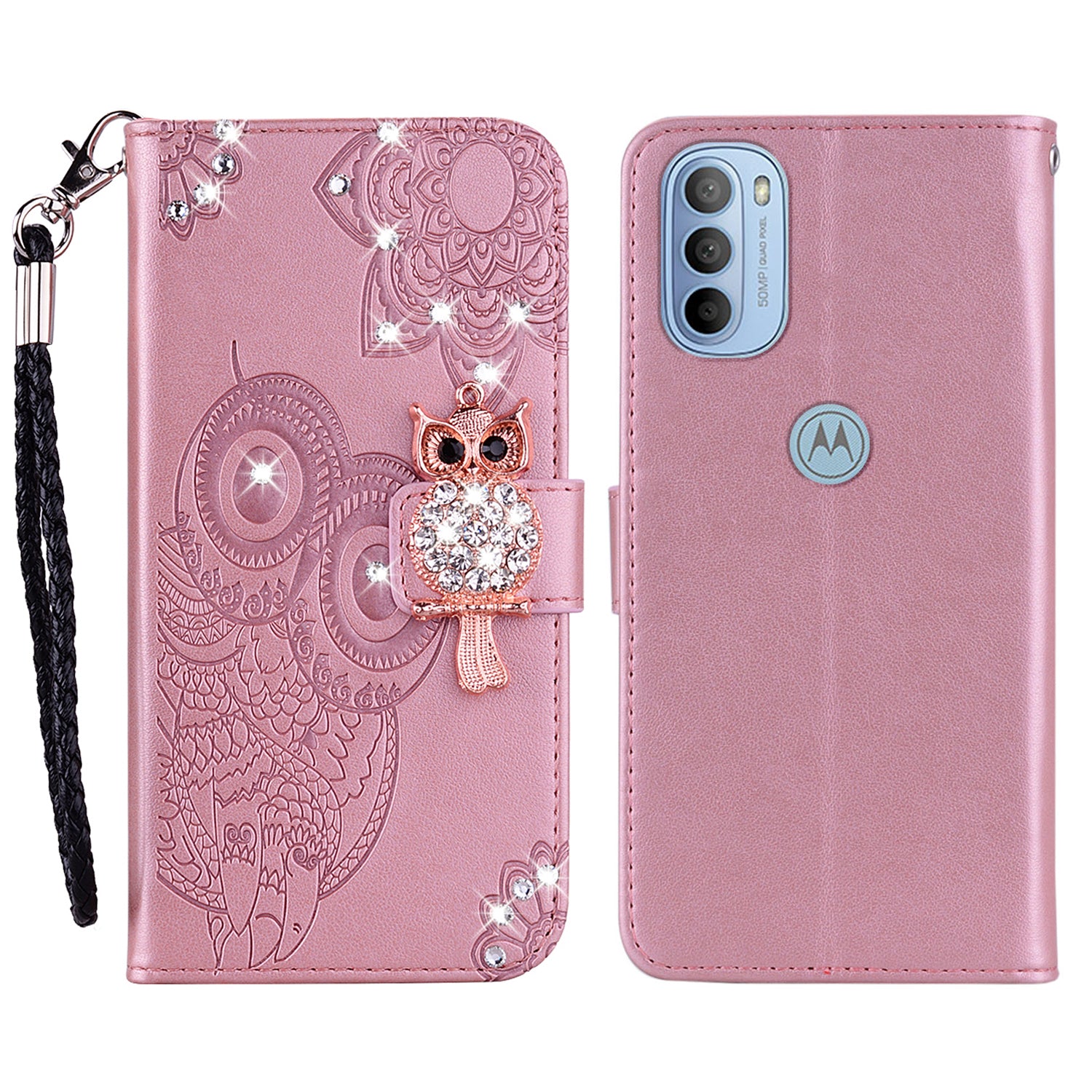 Rhinestone Decor PU Leather Shell Wallet Stand Owl Flower Imprinting Phone Case Cover with Strap for Motorola Moto G31 4G/G41 4G