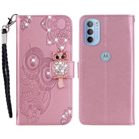 Rhinestone Decor PU Leather Shell Wallet Stand Owl Flower Imprinting Phone Case Cover with Strap for Motorola Moto G31 4G/G41 4G