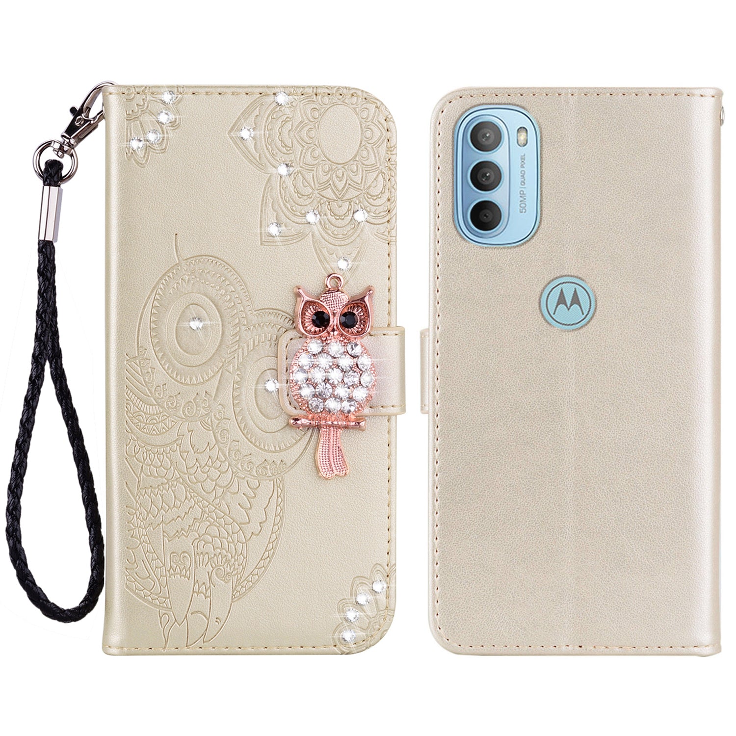 Rhinestone Decor PU Leather Shell Wallet Stand Owl Flower Imprinting Phone Case Cover with Strap for Motorola Moto G31 4G/G41 4G