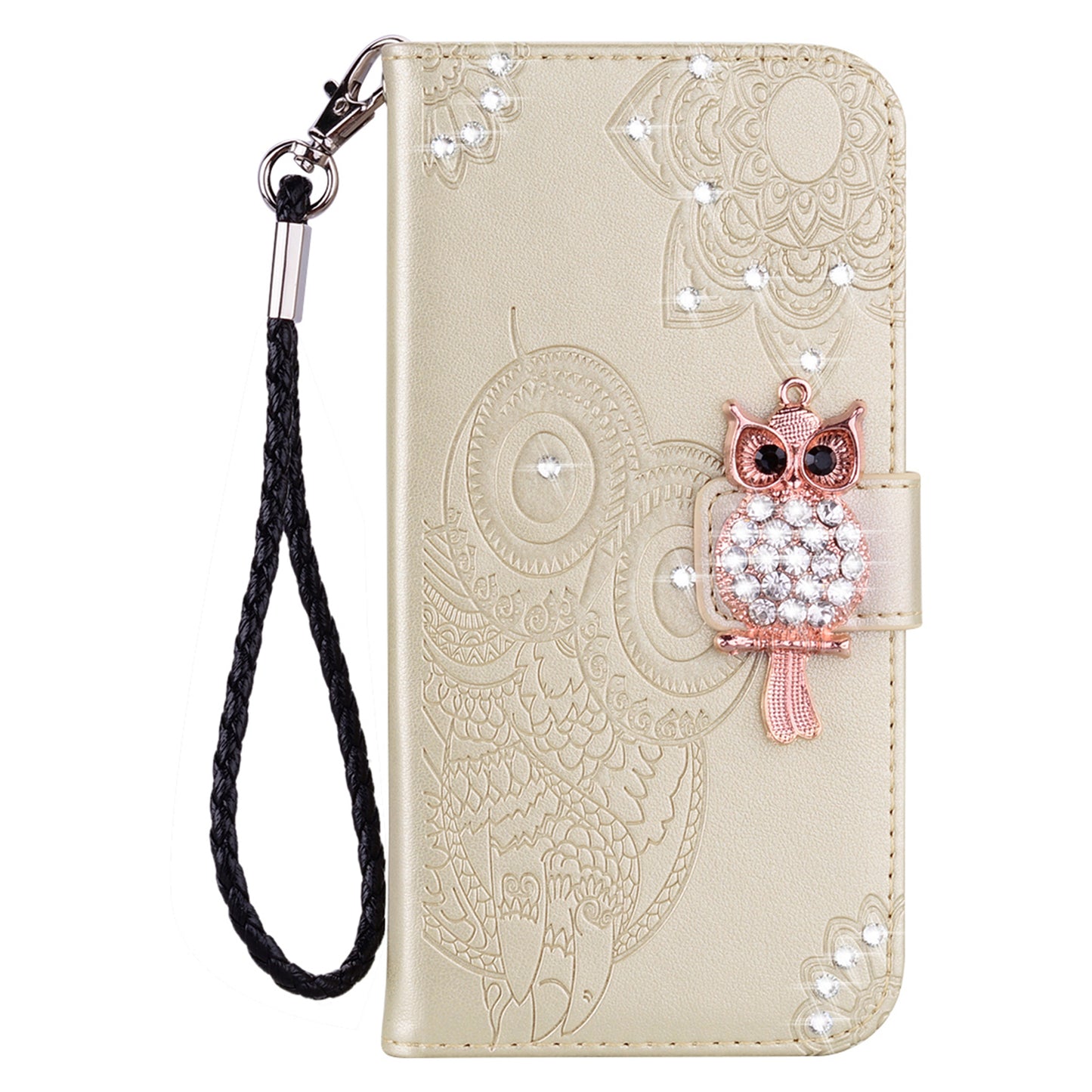 Rhinestone Decor PU Leather Shell Wallet Stand Owl Flower Imprinting Phone Case Cover with Strap for Motorola Moto G31 4G/G41 4G