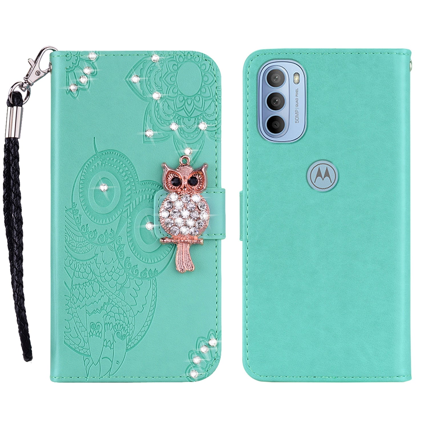 Rhinestone Decor PU Leather Shell Wallet Stand Owl Flower Imprinting Phone Case Cover with Strap for Motorola Moto G31 4G/G41 4G