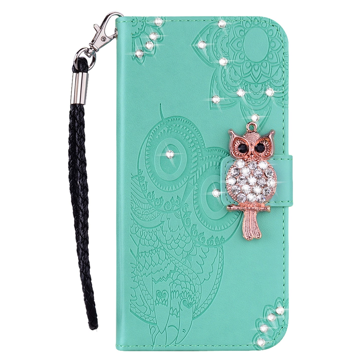 Rhinestone Decor PU Leather Shell Wallet Stand Owl Flower Imprinting Phone Case Cover with Strap for Motorola Moto G31 4G/G41 4G