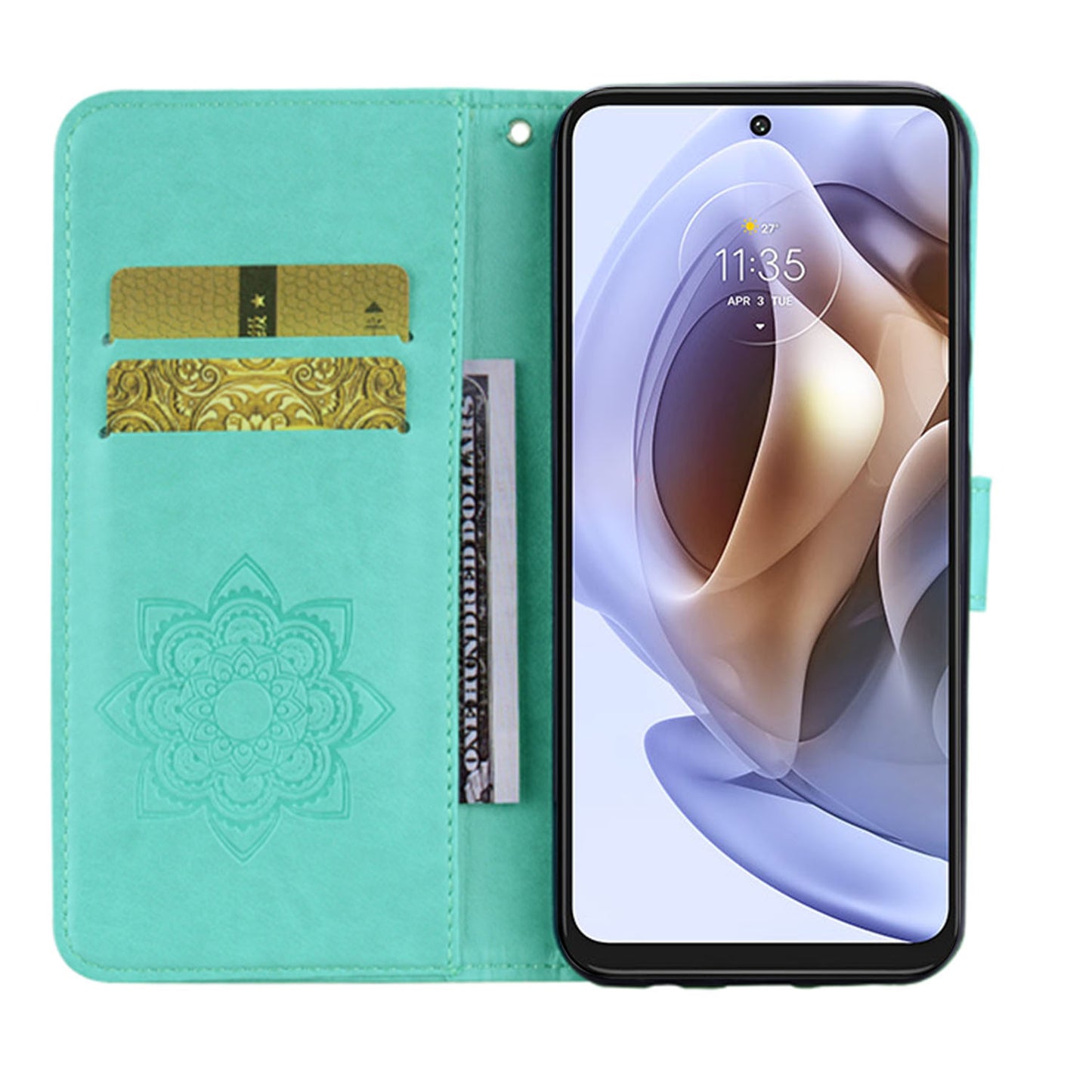 Rhinestone Decor PU Leather Shell Wallet Stand Owl Flower Imprinting Phone Case Cover with Strap for Motorola Moto G31 4G/G41 4G