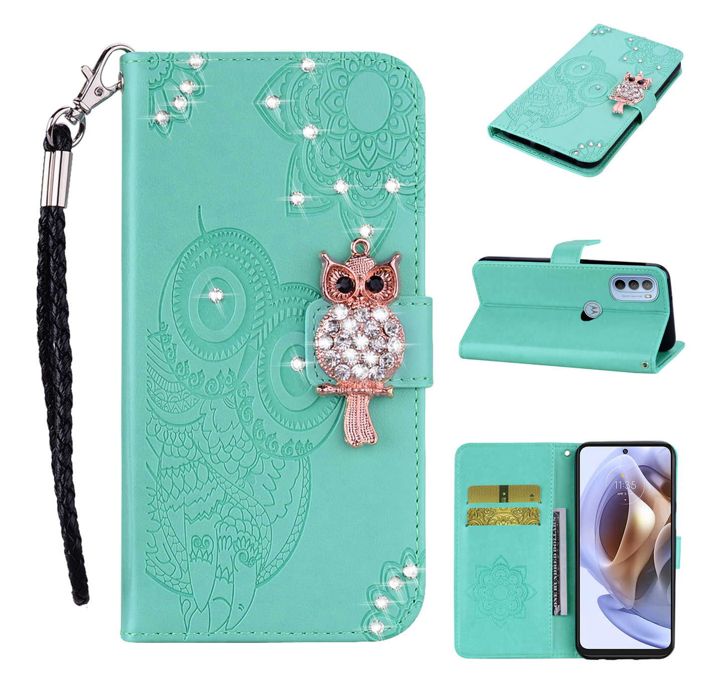 Rhinestone Decor PU Leather Shell Wallet Stand Owl Flower Imprinting Phone Case Cover with Strap for Motorola Moto G31 4G/G41 4G