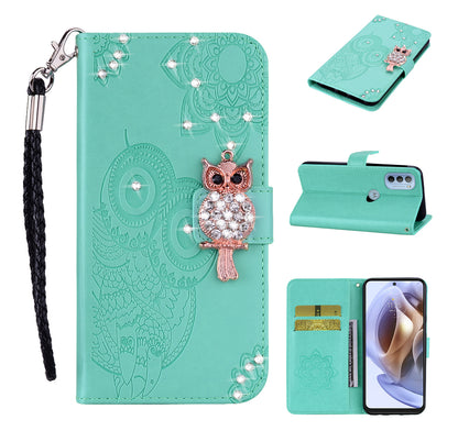 Rhinestone Decor PU Leather Shell Wallet Stand Owl Flower Imprinting Phone Case Cover with Strap for Motorola Moto G31 4G/G41 4G