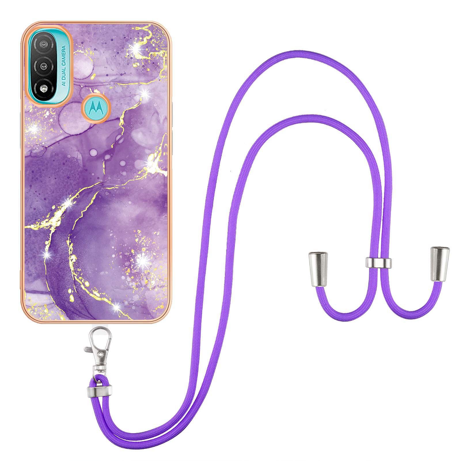YB IMD Series-9 Marble Pattern Case for Motorola Moto E20/E30/E40 Fashionable Electroplating Frame TPU IMD Lanyard Phone Case Protector