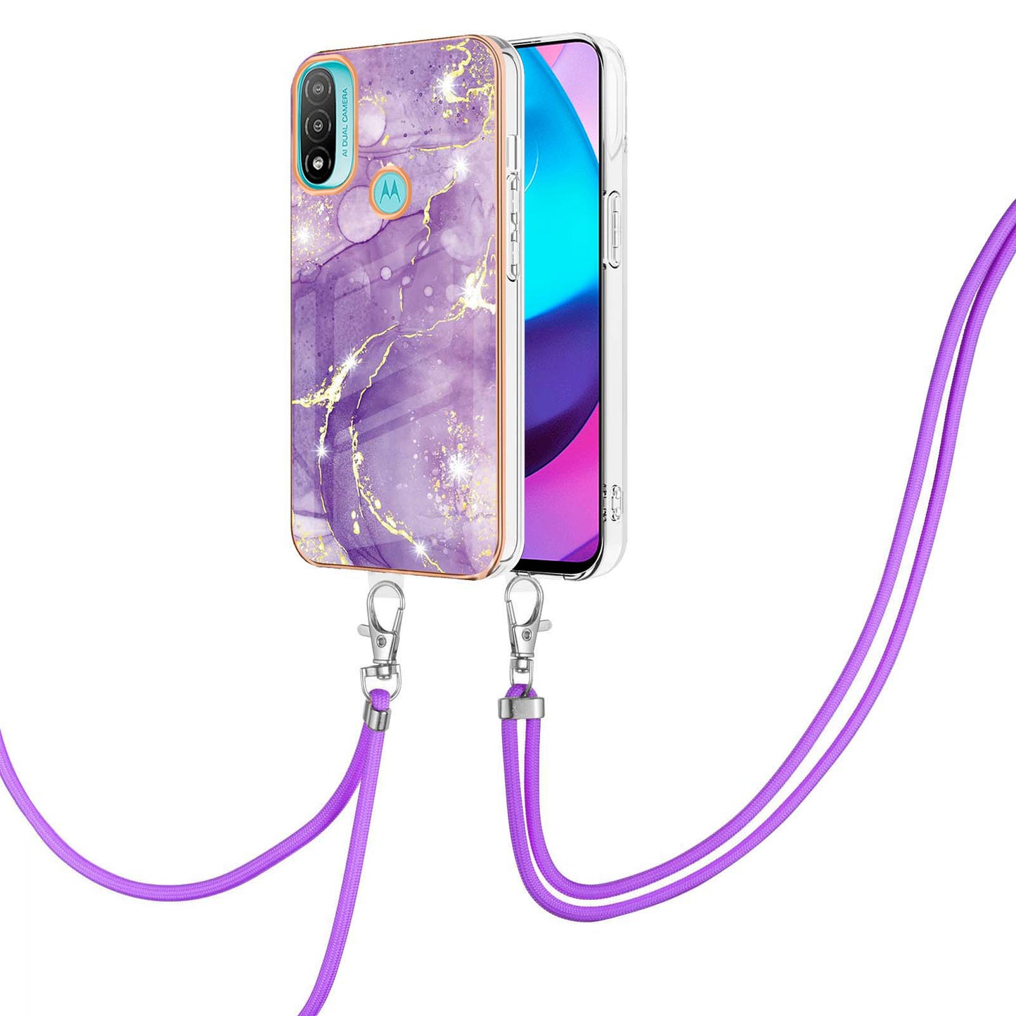 YB IMD Series-9 Marble Pattern Case for Motorola Moto E20/E30/E40 Fashionable Electroplating Frame TPU IMD Lanyard Phone Case Protector