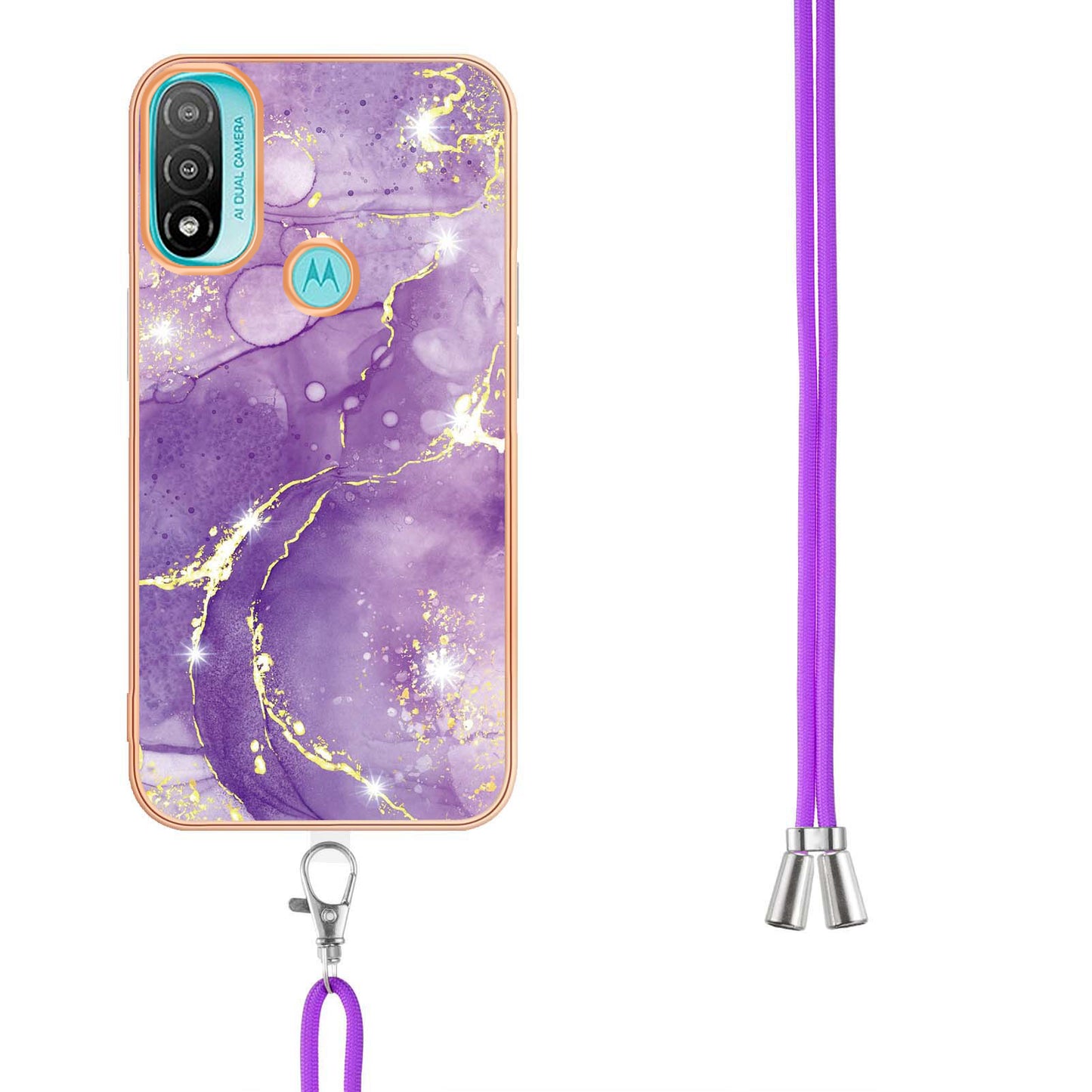 YB IMD Series-9 Marble Pattern Case for Motorola Moto E20/E30/E40 Fashionable Electroplating Frame TPU IMD Lanyard Phone Case Protector