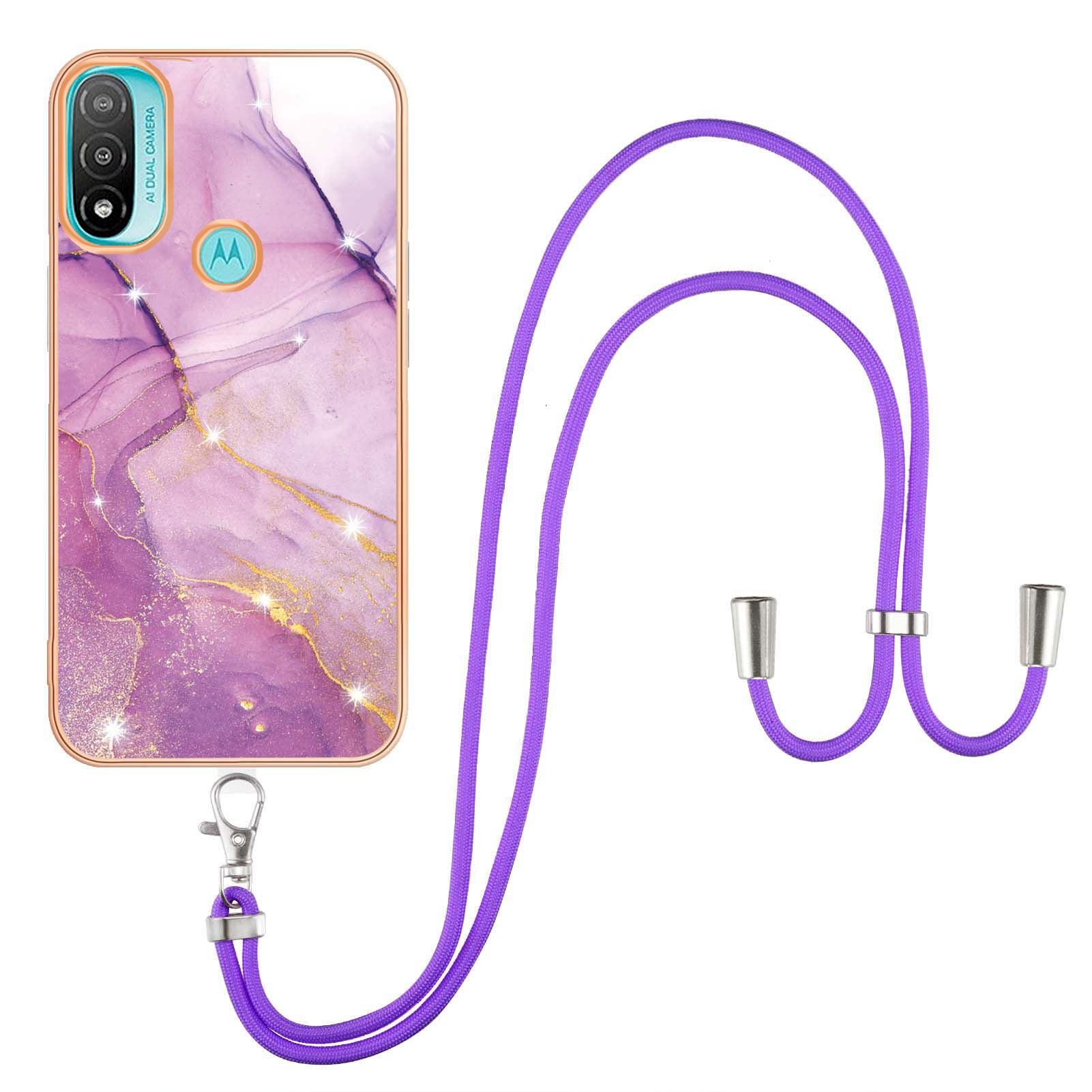 YB IMD Series-9 Marble Pattern Case for Motorola Moto E20/E30/E40 Fashionable Electroplating Frame TPU IMD Lanyard Phone Case Protector