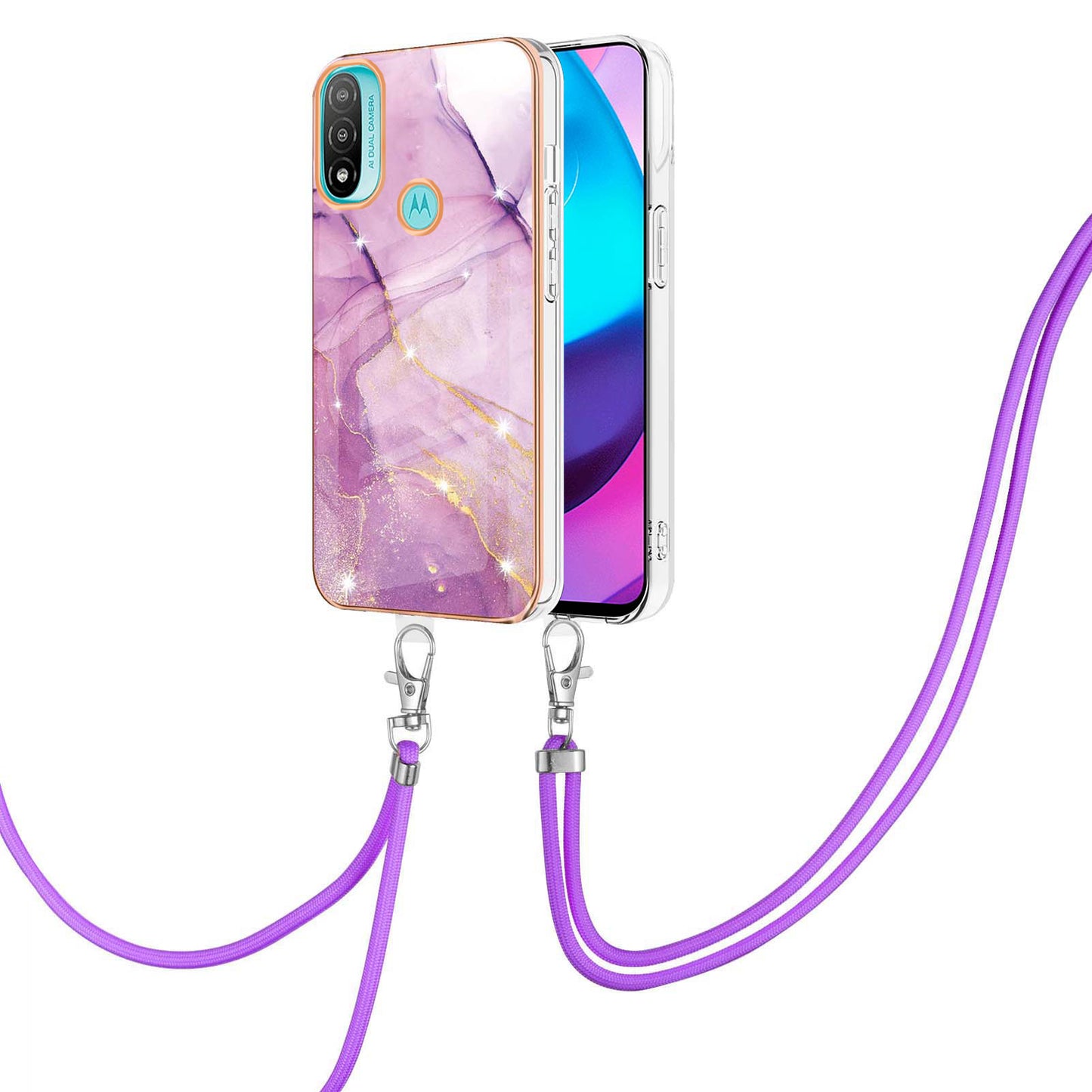 YB IMD Series-9 Marble Pattern Case for Motorola Moto E20/E30/E40 Fashionable Electroplating Frame TPU IMD Lanyard Phone Case Protector