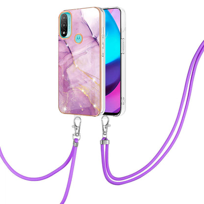 YB IMD Series-9 Marble Pattern Case for Motorola Moto E20/E30/E40 Fashionable Electroplating Frame TPU IMD Lanyard Phone Case Protector
