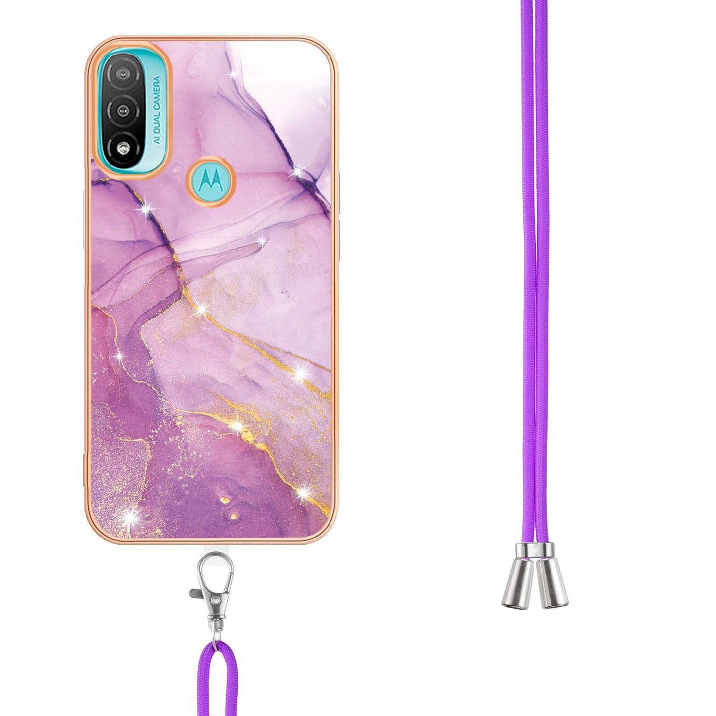 YB IMD Series-9 Marble Pattern Case for Motorola Moto E20/E30/E40 Fashionable Electroplating Frame TPU IMD Lanyard Phone Case Protector