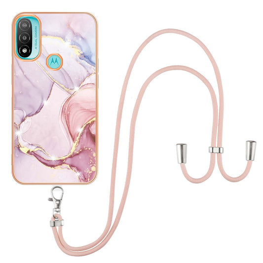 YB IMD Series-9 Marble Pattern Case for Motorola Moto E20/E30/E40 Fashionable Electroplating Frame TPU IMD Lanyard Phone Case Protector
